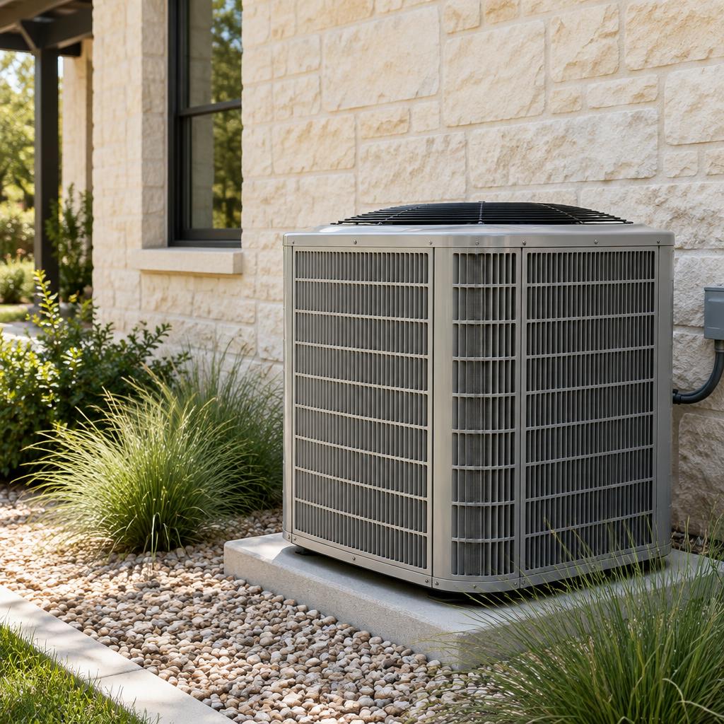 A thoughtfully installed air conditioning system beside a Texas limestone home