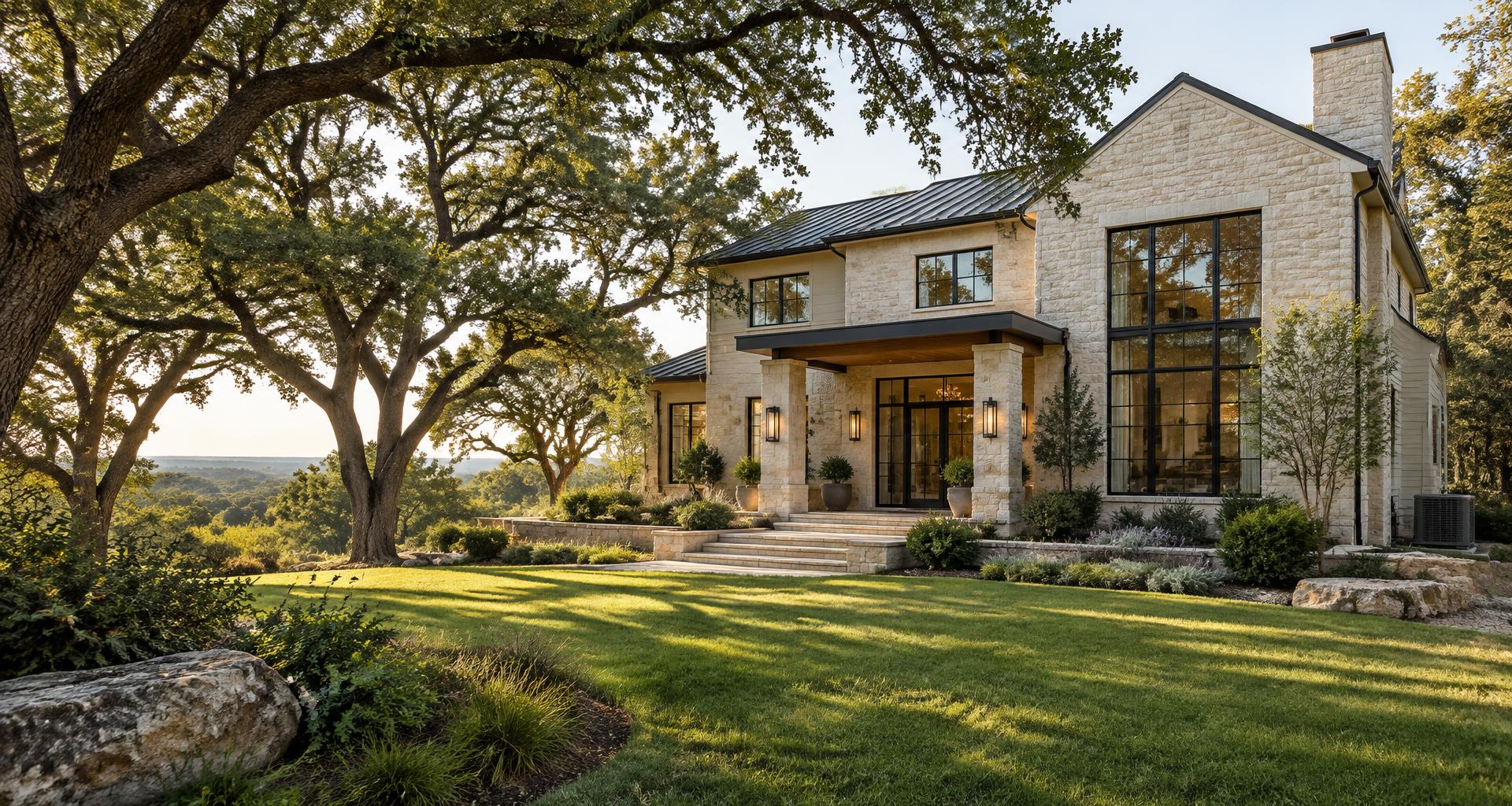 A beautiful Texas limestone home surrounded by live oaks